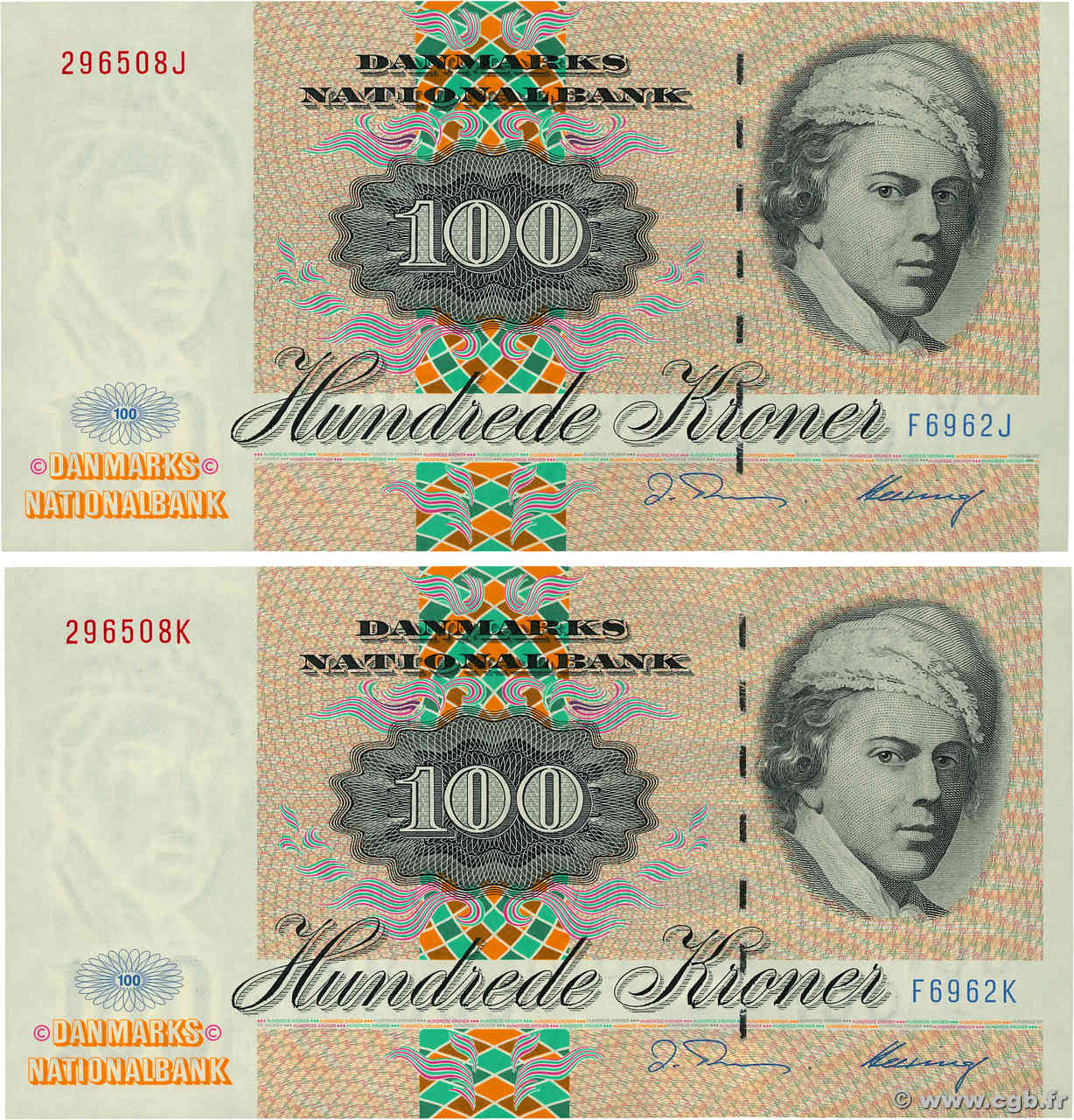 100 Kroner Consécutifs DINAMARCA  1996 P.054 AU+