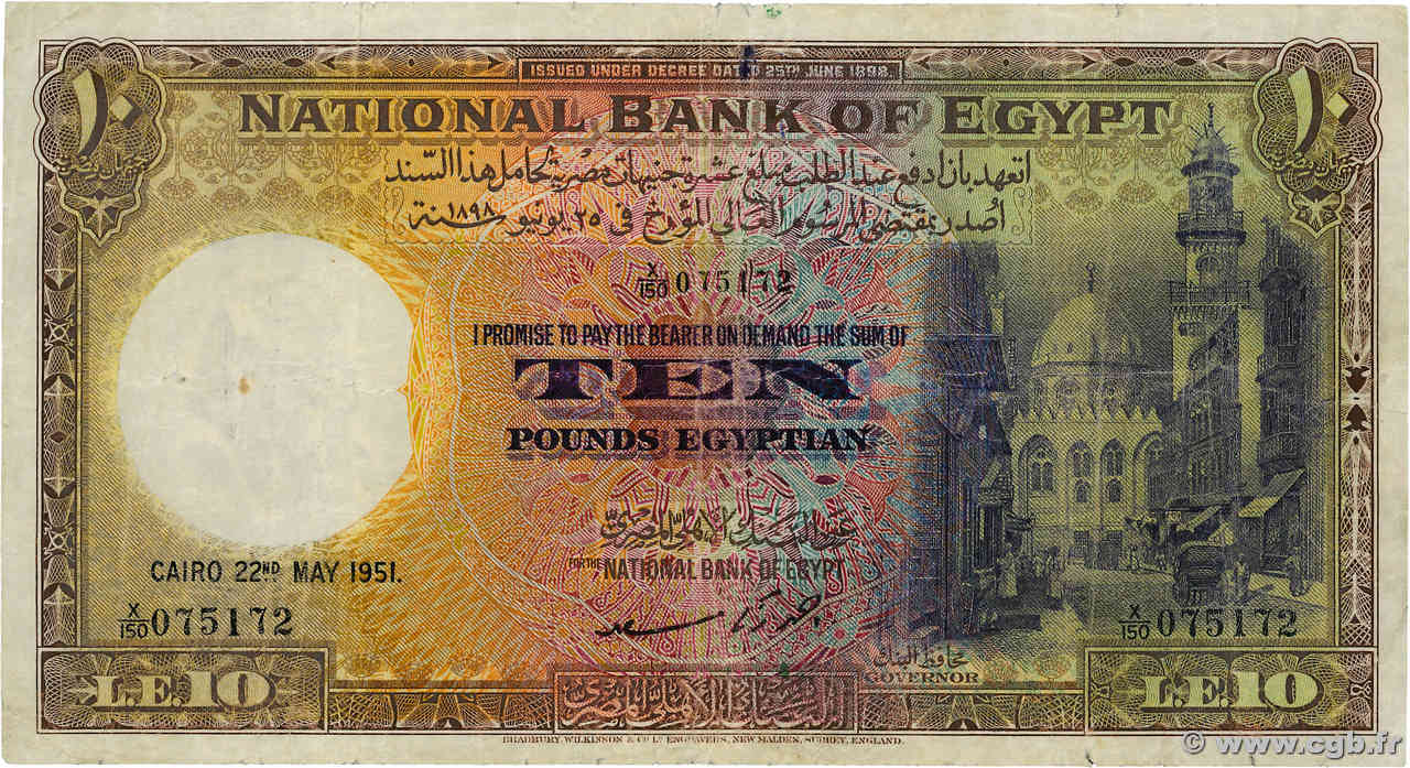 10 Pounds ÉGYPTE  1951 P.023d TB