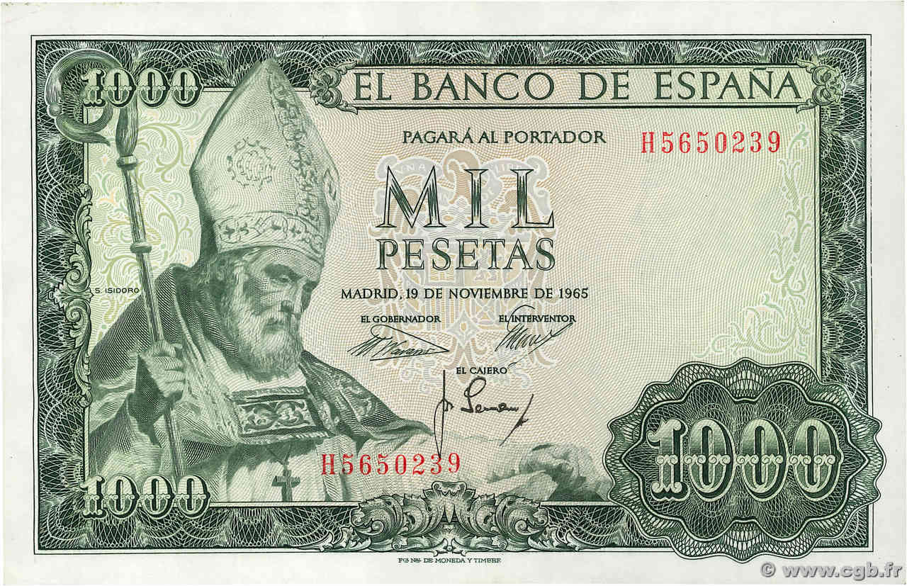 1000 Pesetas SPAGNA  1965 P.151 AU