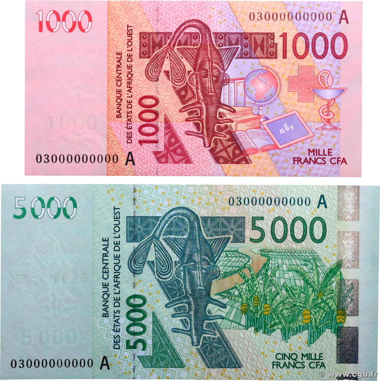 1000 et 5000 Francs Spécimen STATI AMERICANI AFRICANI  2003 P.115As et P.117As AU+