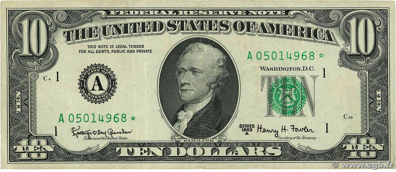10 Dollars Remplacement ÉTATS-UNIS D AMÉRIQUE Boston 1963 P.445br TTB