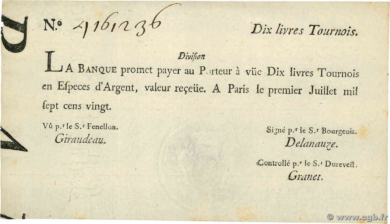 10 Livres Tournois typographié FRANCE  1720 Dor.22 AU