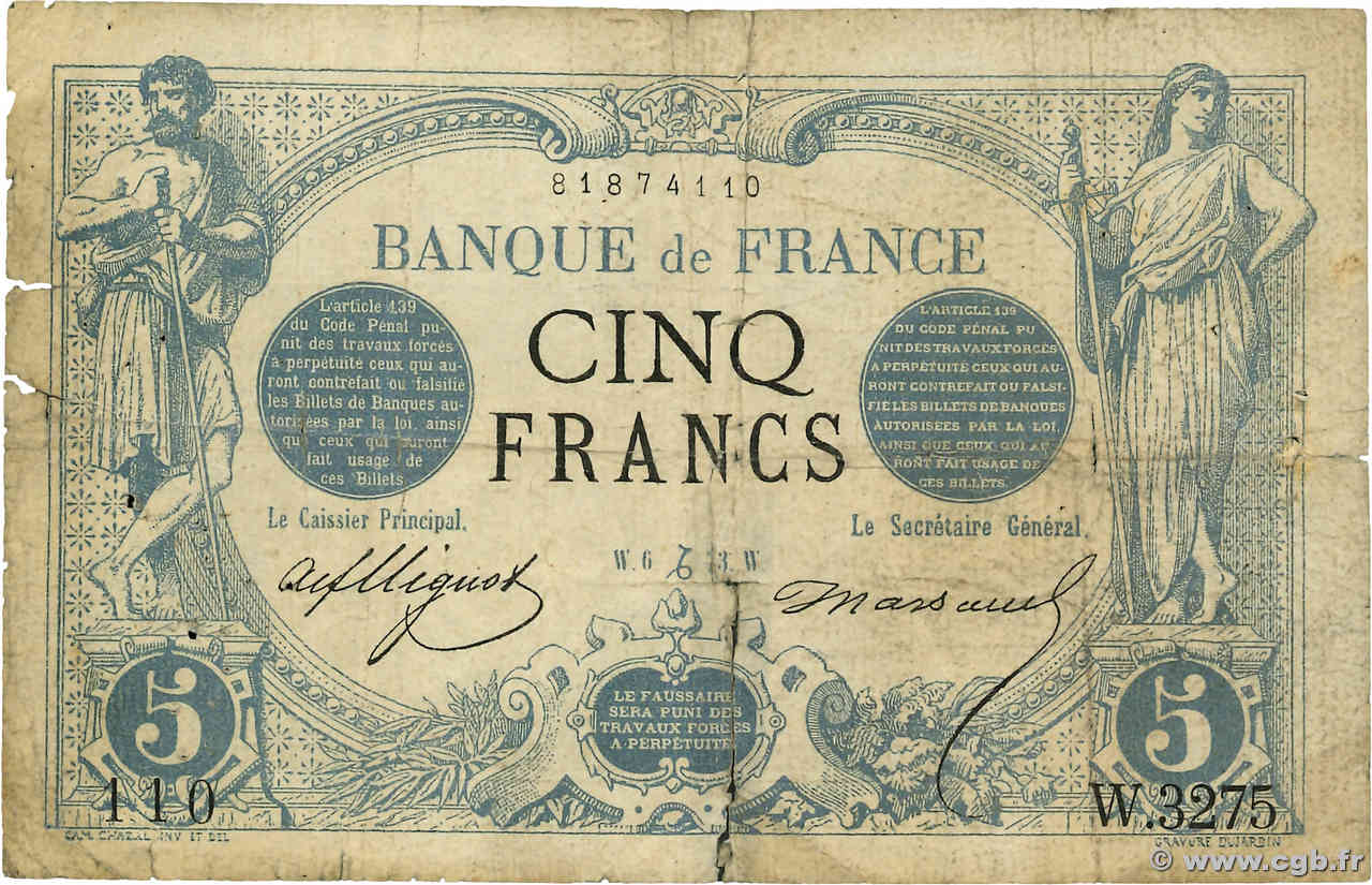 5 Francs NOIR FRANCIA  1873 F.01.24 RC