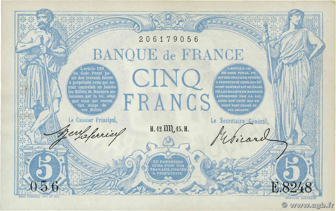 5 Francs BLEU FRANCIA  1915 F.02.32 EBC+