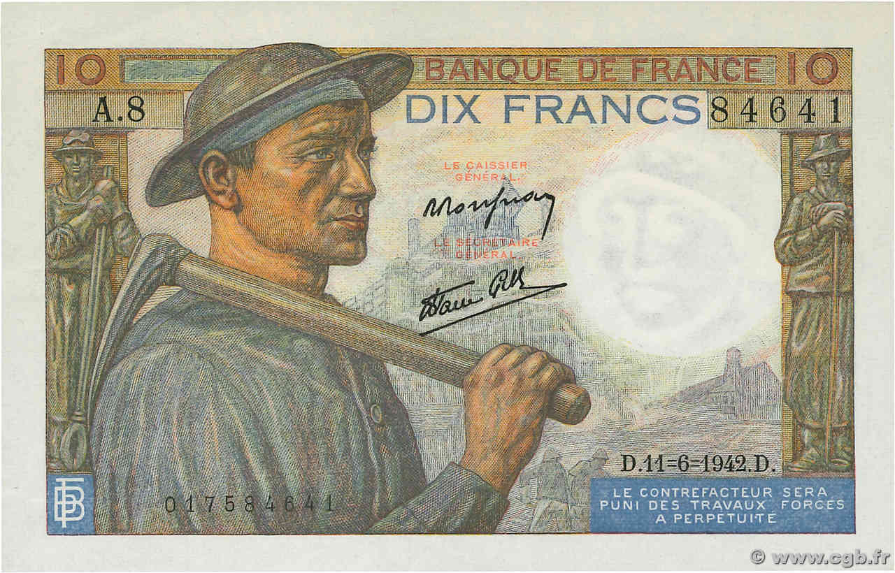 10 Francs MINEUR FRANCE  1941 F.08.01 SPL+