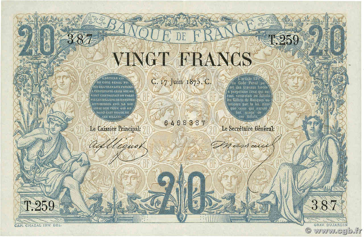 20 Francs NOIR FRANCE  1875 F.09.02 XF+