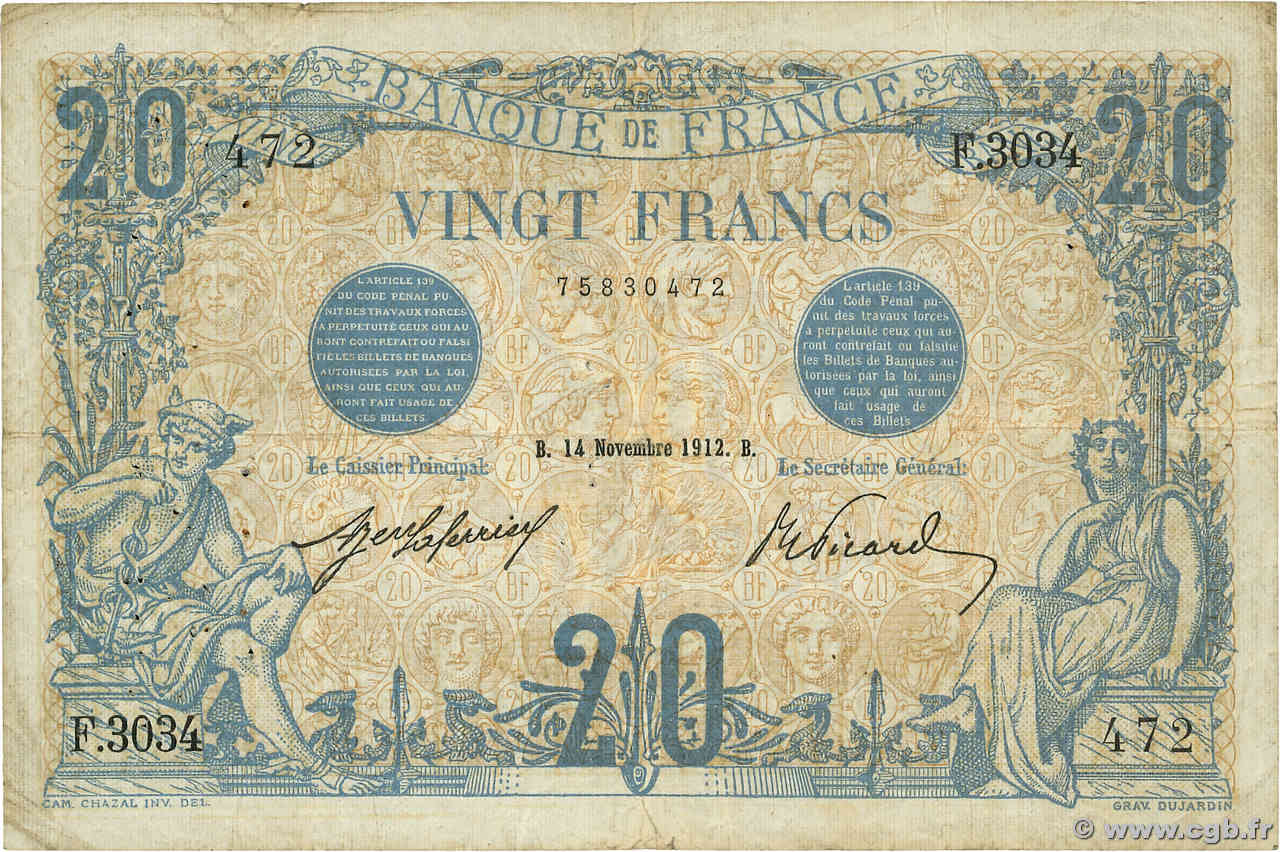 20 Francs BLEU FRANKREICH  1912 F.10.02 S