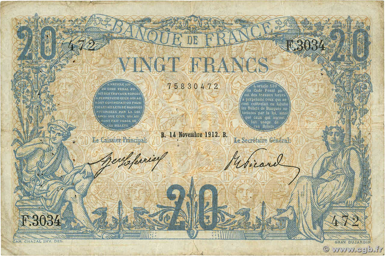 20 Francs BLEU FRANCE  1912 F.10.02 TB