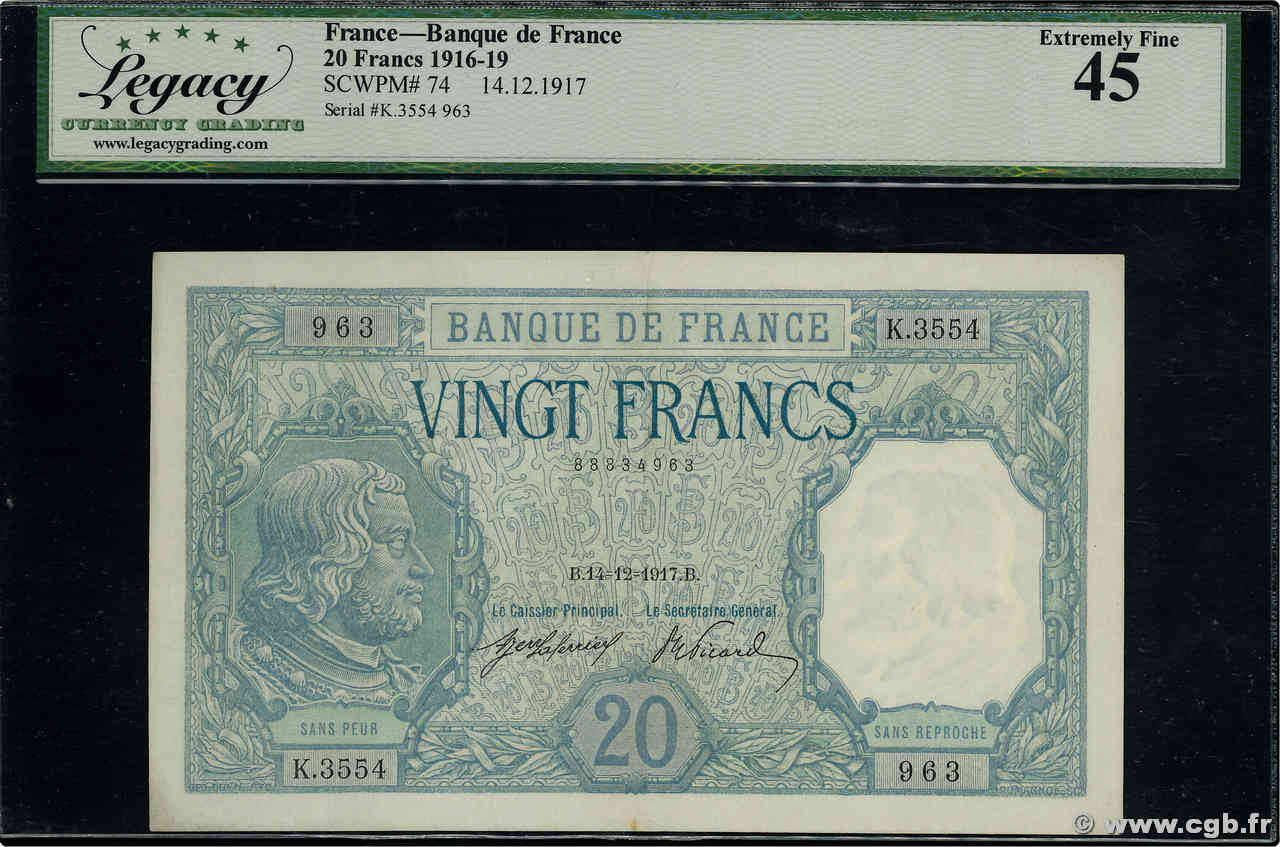 20 Francs BAYARD FRANCE  1917 F.11.02 XF