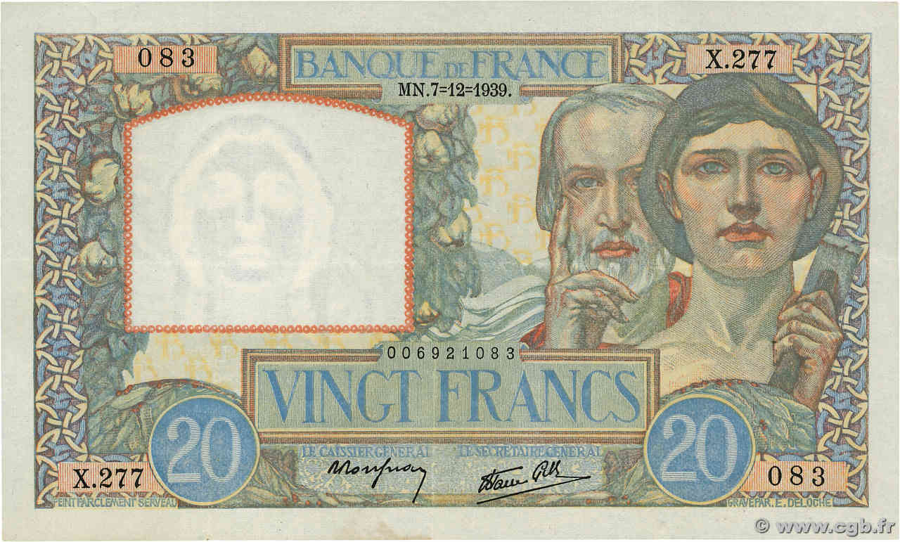 20 Francs TRAVAIL ET SCIENCE FRANCIA  1939 F.12.01 MBC+