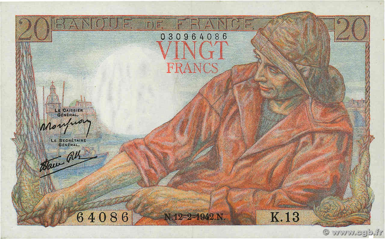 20 Francs PÊCHEUR FRANCIA  1942 F.13.01 EBC