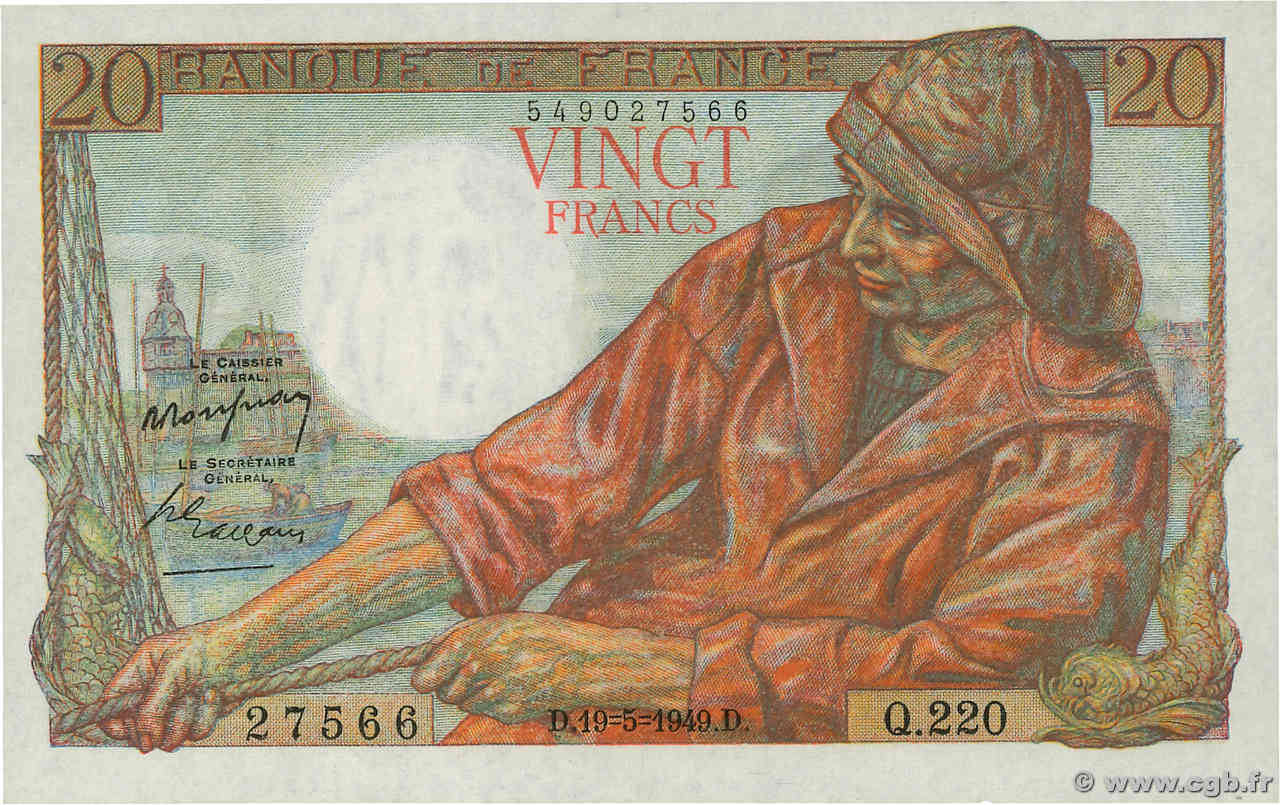 20 Francs PÊCHEUR FRANCIA  1949 F.13.15 q.FDC