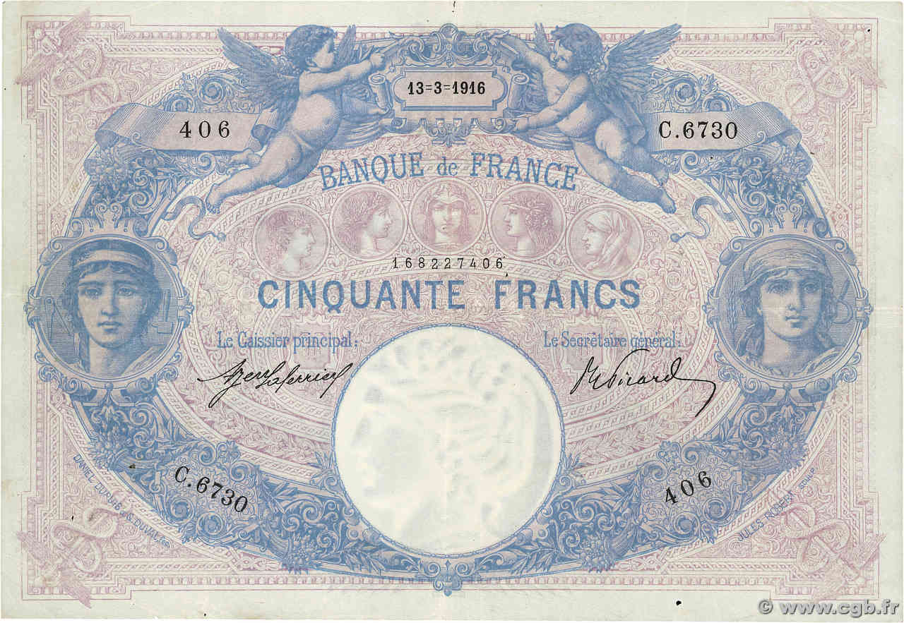 50 Francs BLEU ET ROSE FRANCIA  1916 F.14.29 MBC