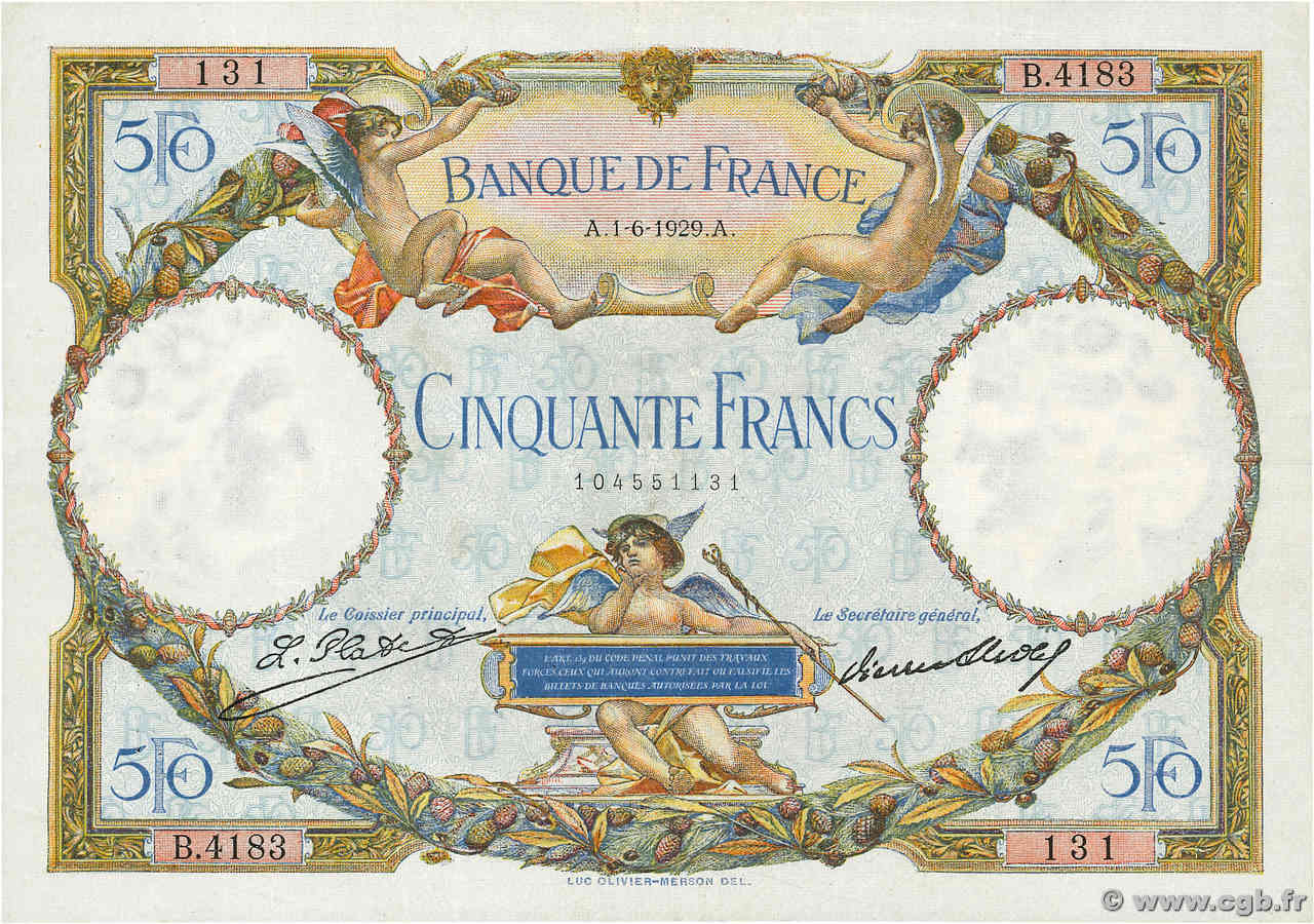 50 Francs LUC OLIVIER MERSON FRANCIA  1929 F.15.03 SPL