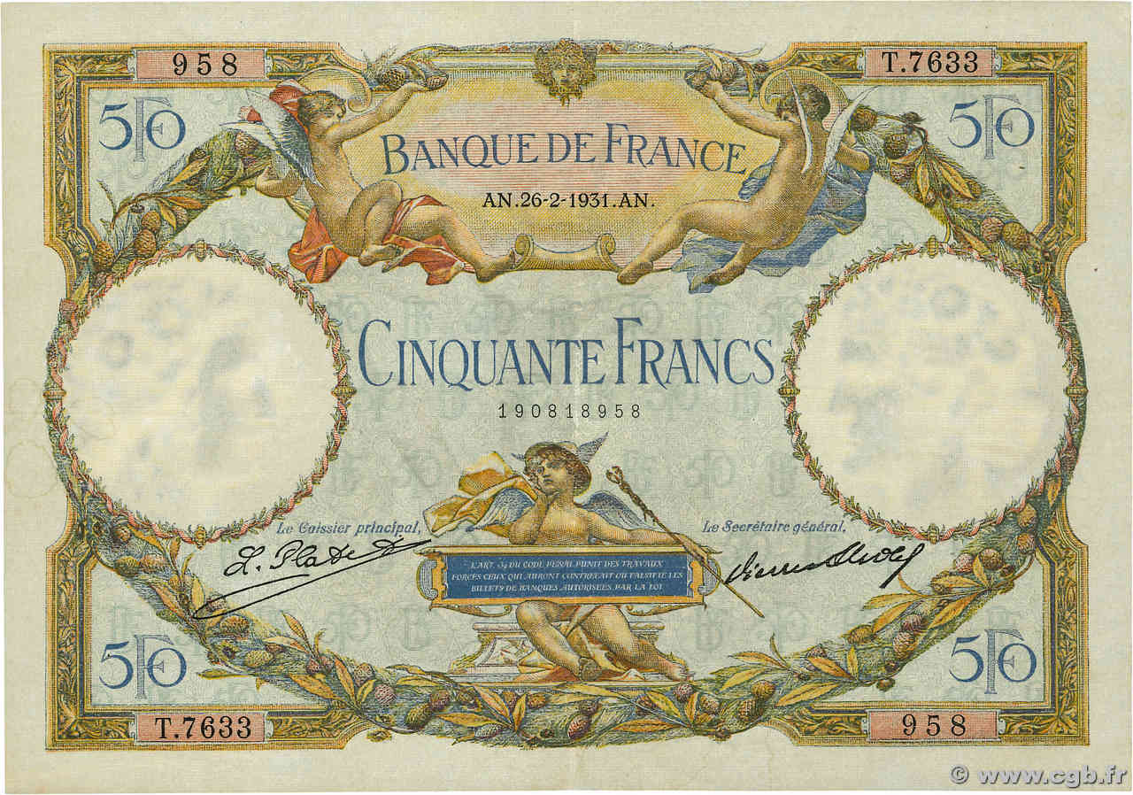 50 Francs LUC OLIVIER MERSON type modifié FRANKREICH  1931 F.16.02 SS