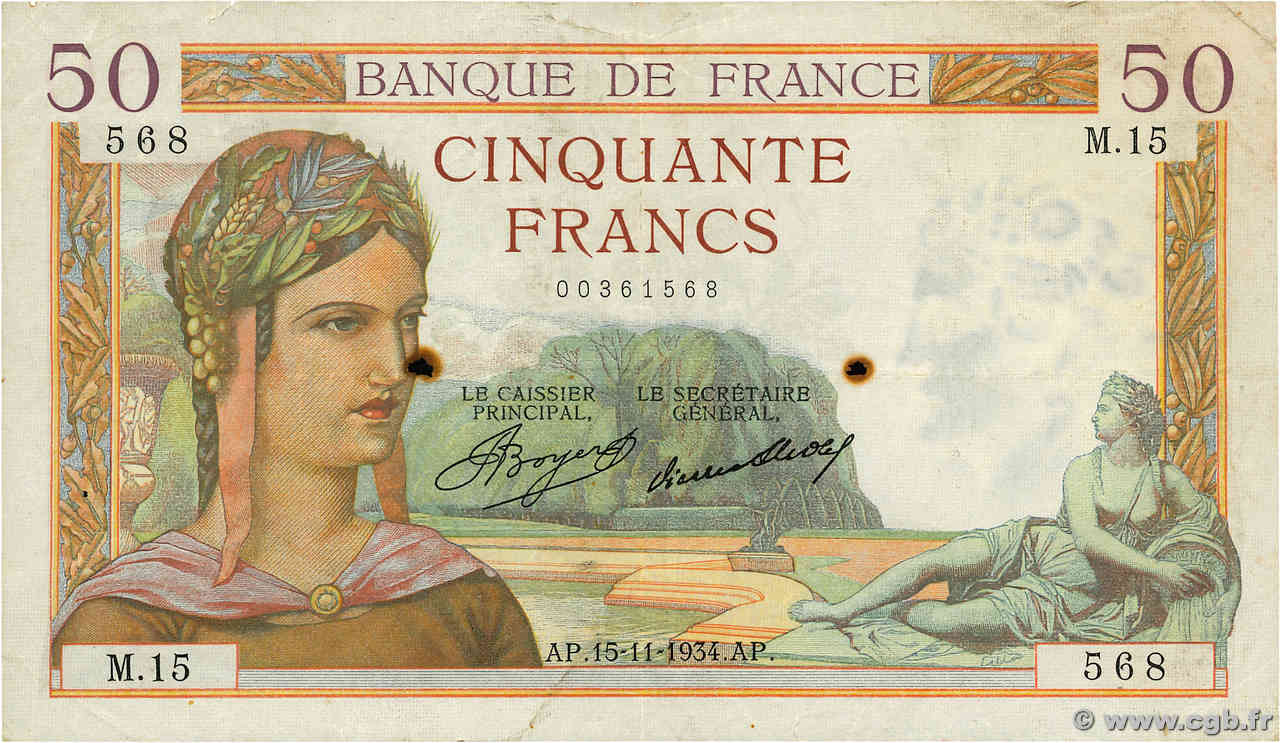 50 Francs CÉRÈS FRANKREICH  1934 F.17.01 S