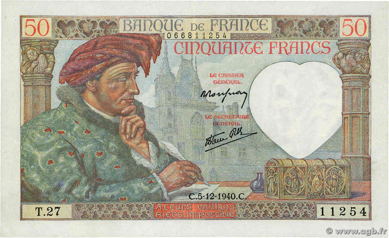 50 Francs JACQUES CŒUR FRANCE  1940 F.19.04 SUP