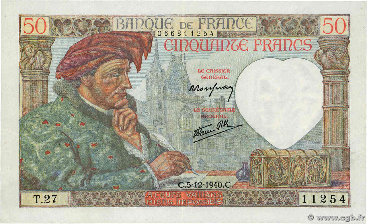 50 Francs JACQUES CŒUR FRANCIA  1940 F.19.04 EBC