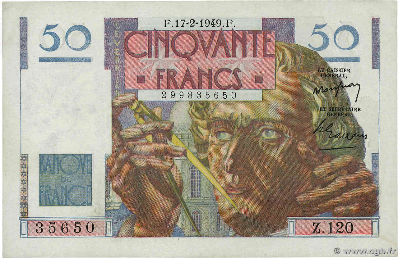 50 Francs LE VERRIER FRANCIA  1949 F.20.11 q.FDC