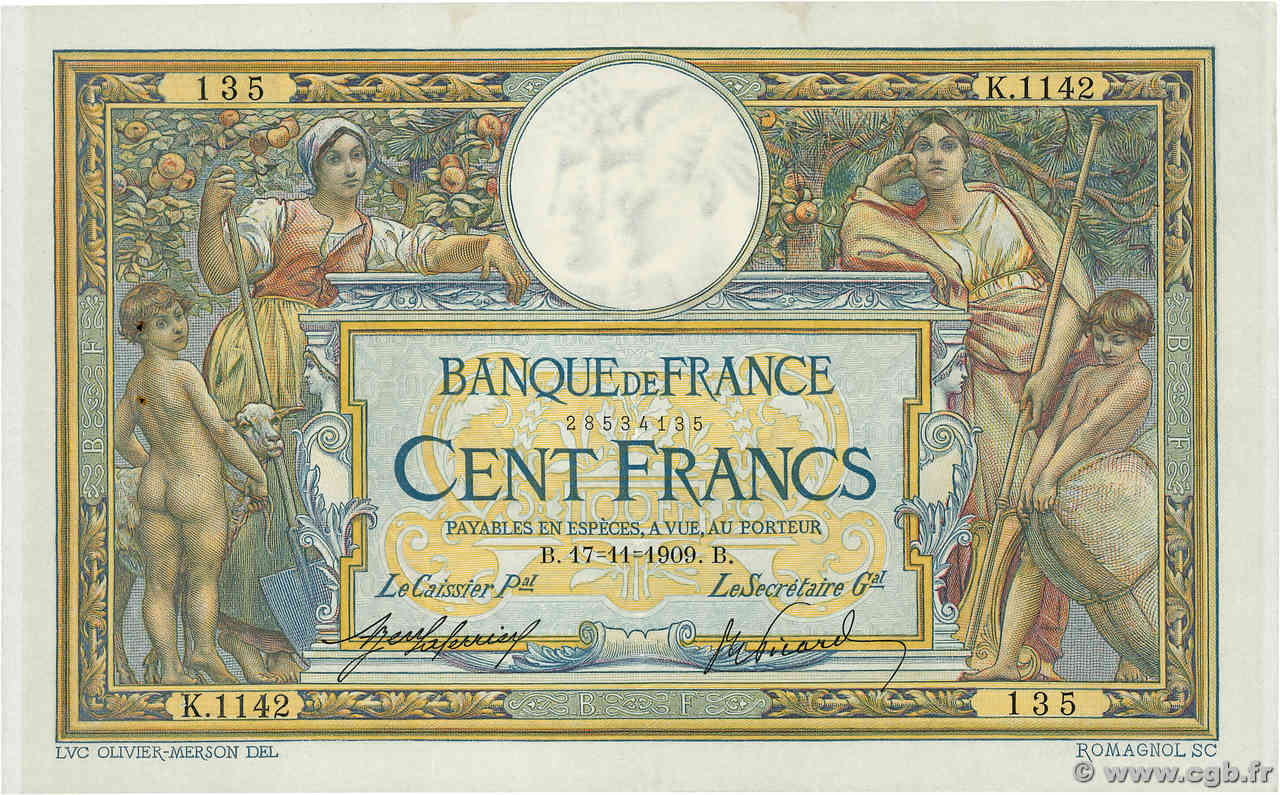 100 Francs LUC OLIVIER MERSON sans LOM FRANCE  1909 F.23.01 VF+