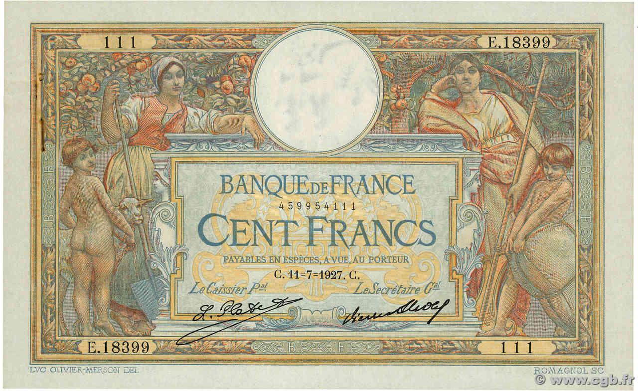 100 Francs LUC OLIVIER MERSON grands cartouches FRANCIA  1927 F.24.06 EBC