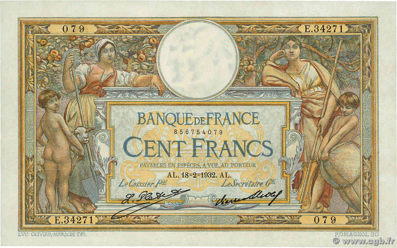 100 Francs LUC OLIVIER MERSON grands cartouches FRANCIA  1932 F.24.11 SPL+