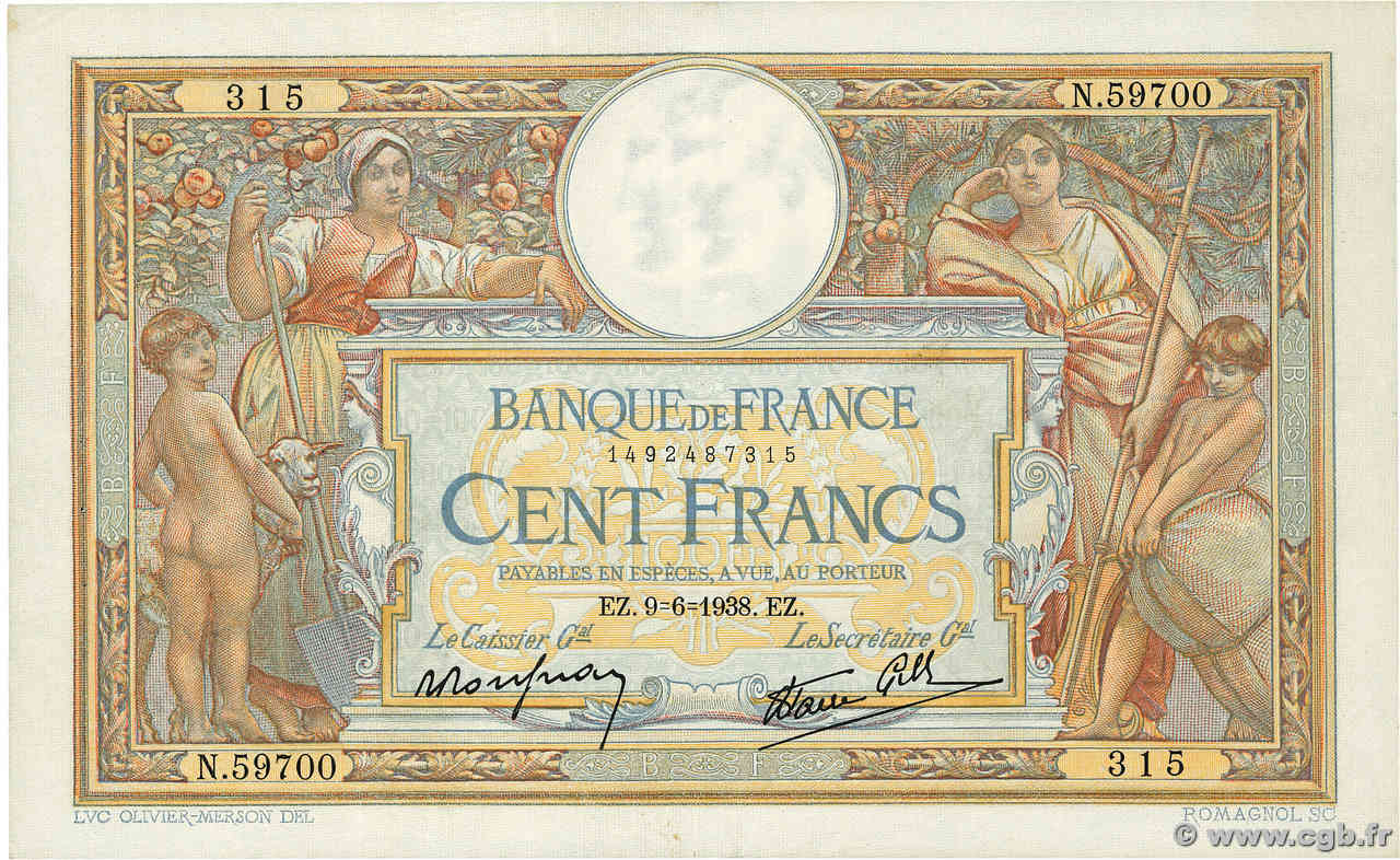 100 Francs LUC OLIVIER MERSON type modifié FRANCE  1938 F.25.22 XF-