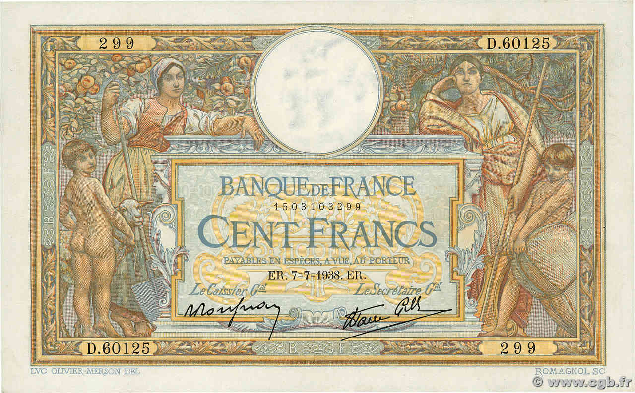 100 Francs LUC OLIVIER MERSON type modifié FRANCE  1938 F.25.25 XF-