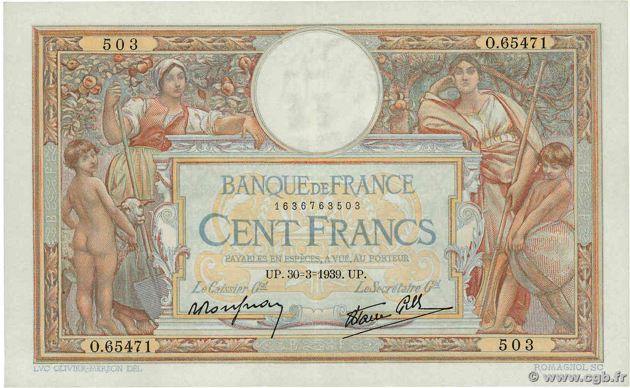 100 Francs LUC OLIVIER MERSON type modifié FRANKREICH  1939 F.25.44 fST