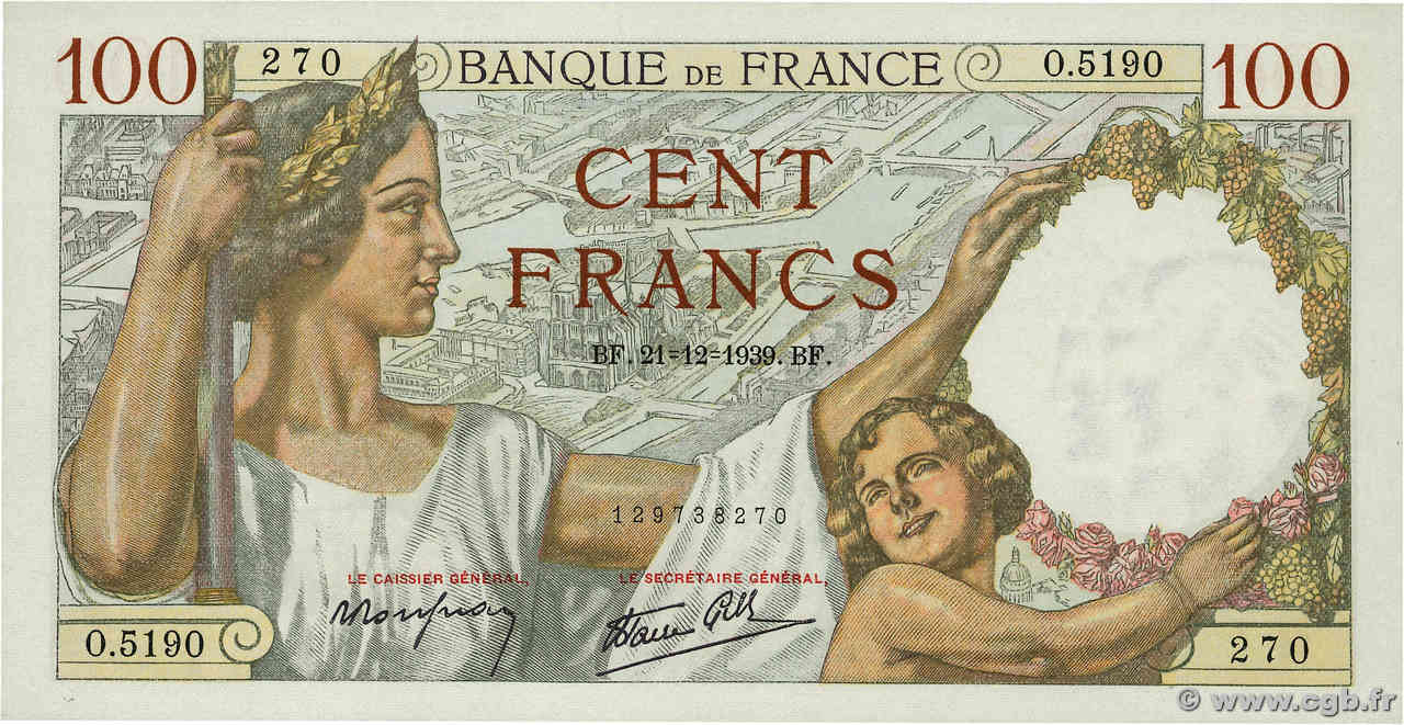 100 Francs SULLY FRANKREICH  1939 F.26.18 fST+