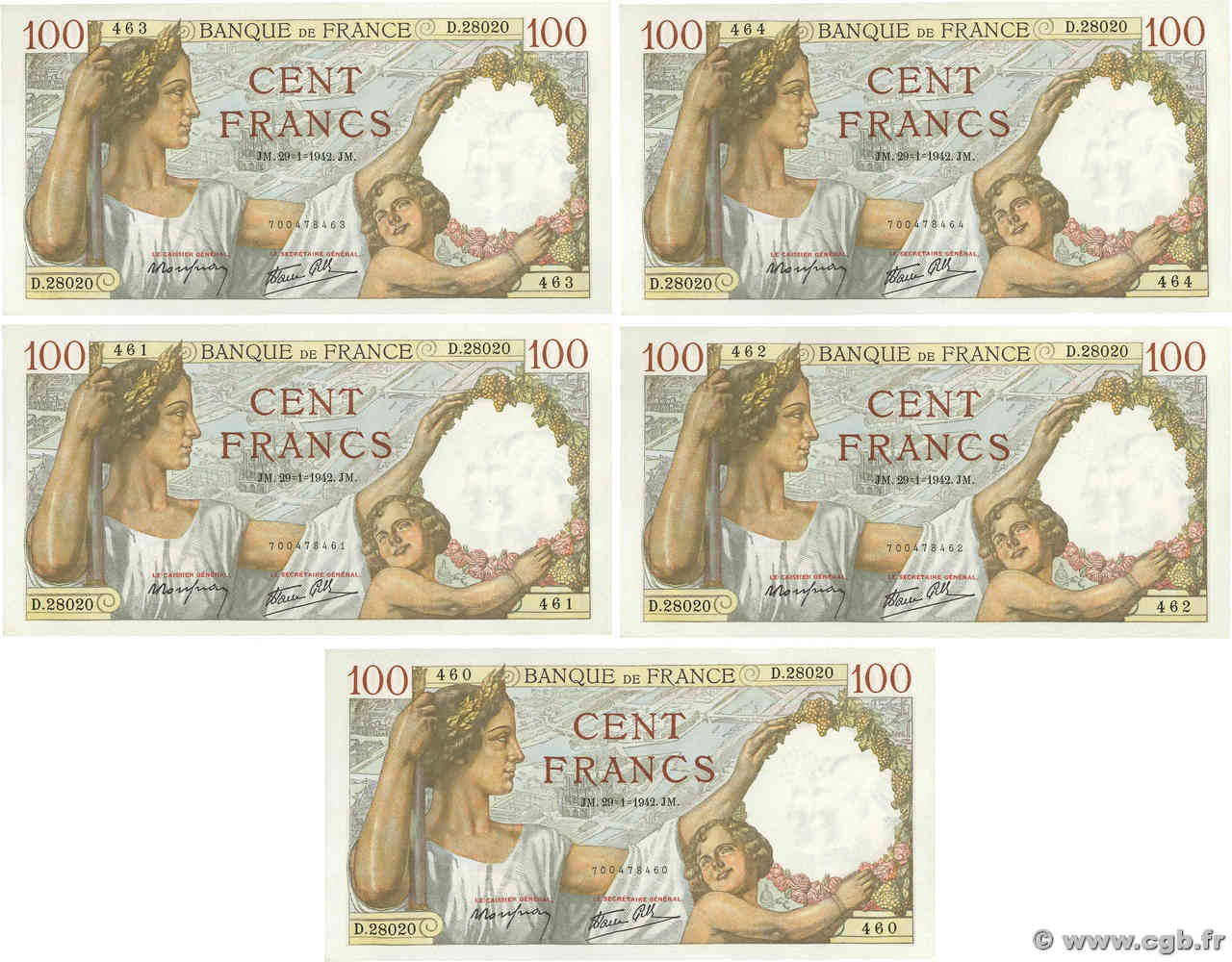 100 Francs SULLY Consécutifs FRANCIA  1942 F.26.65 FDC