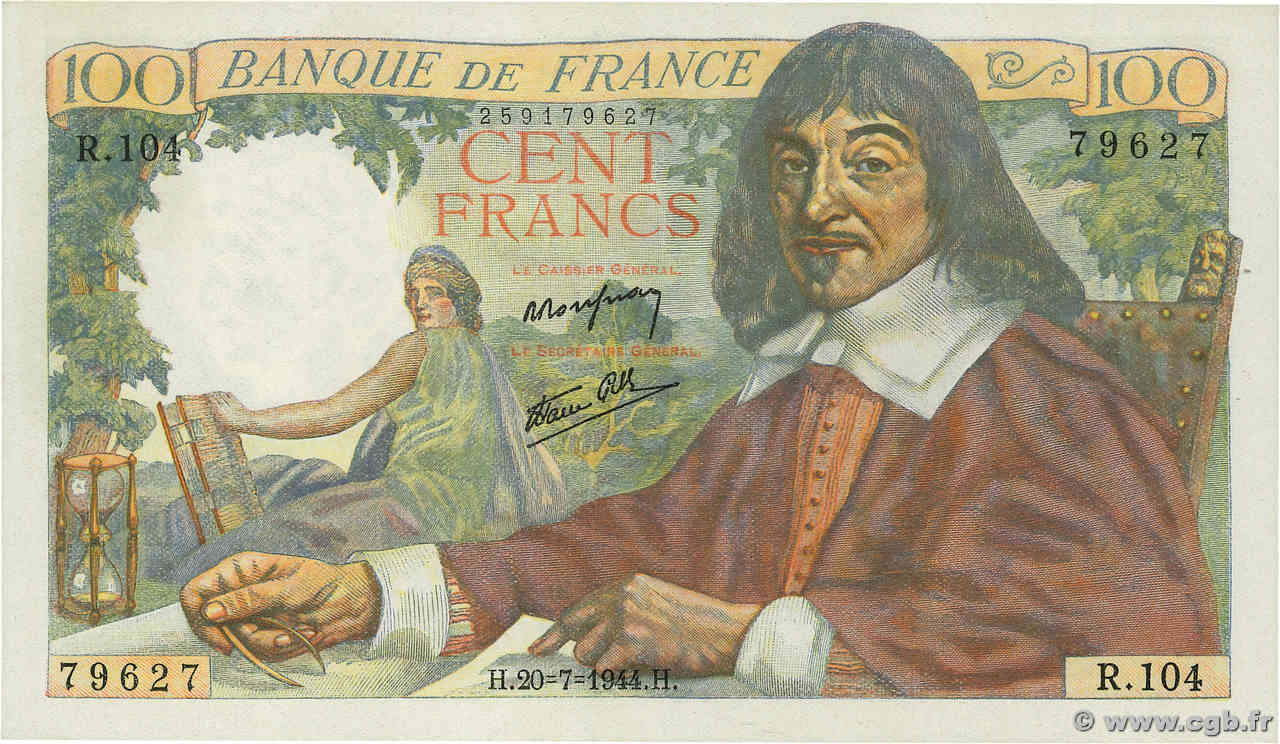 100 Francs DESCARTES FRANCE  1944 F.27.06 SPL