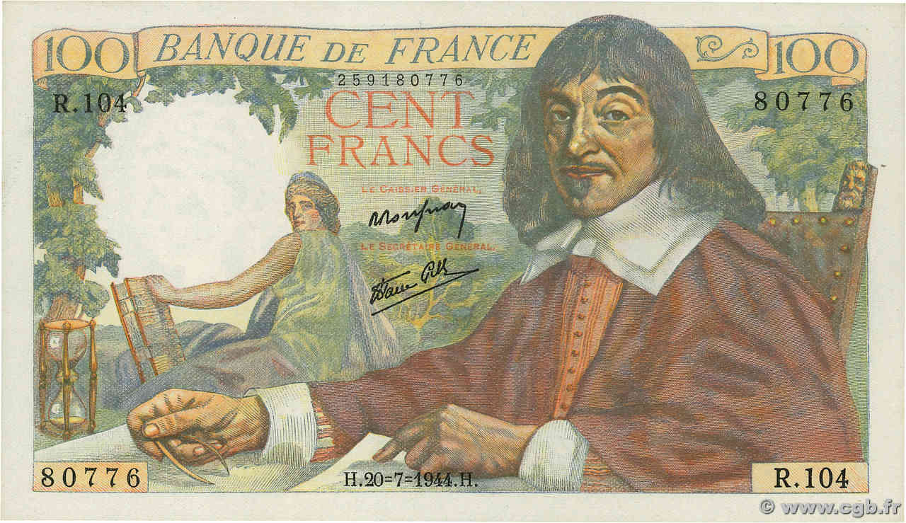 100 Francs DESCARTES FRANKREICH  1944 F.27.06 fST+