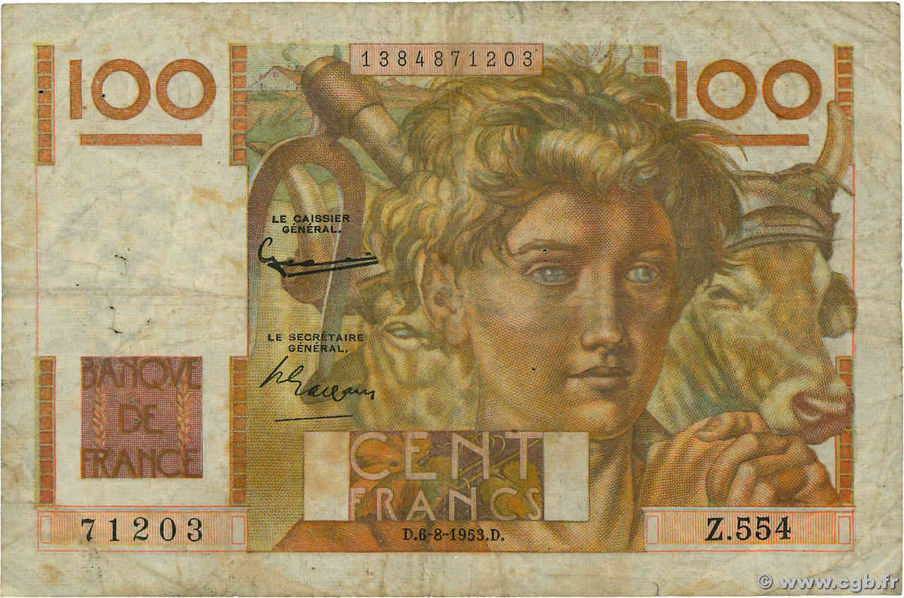 100 Francs JEUNE PAYSAN filigrane inversé FRANCIA  1952 F.28bis.02 RC+
