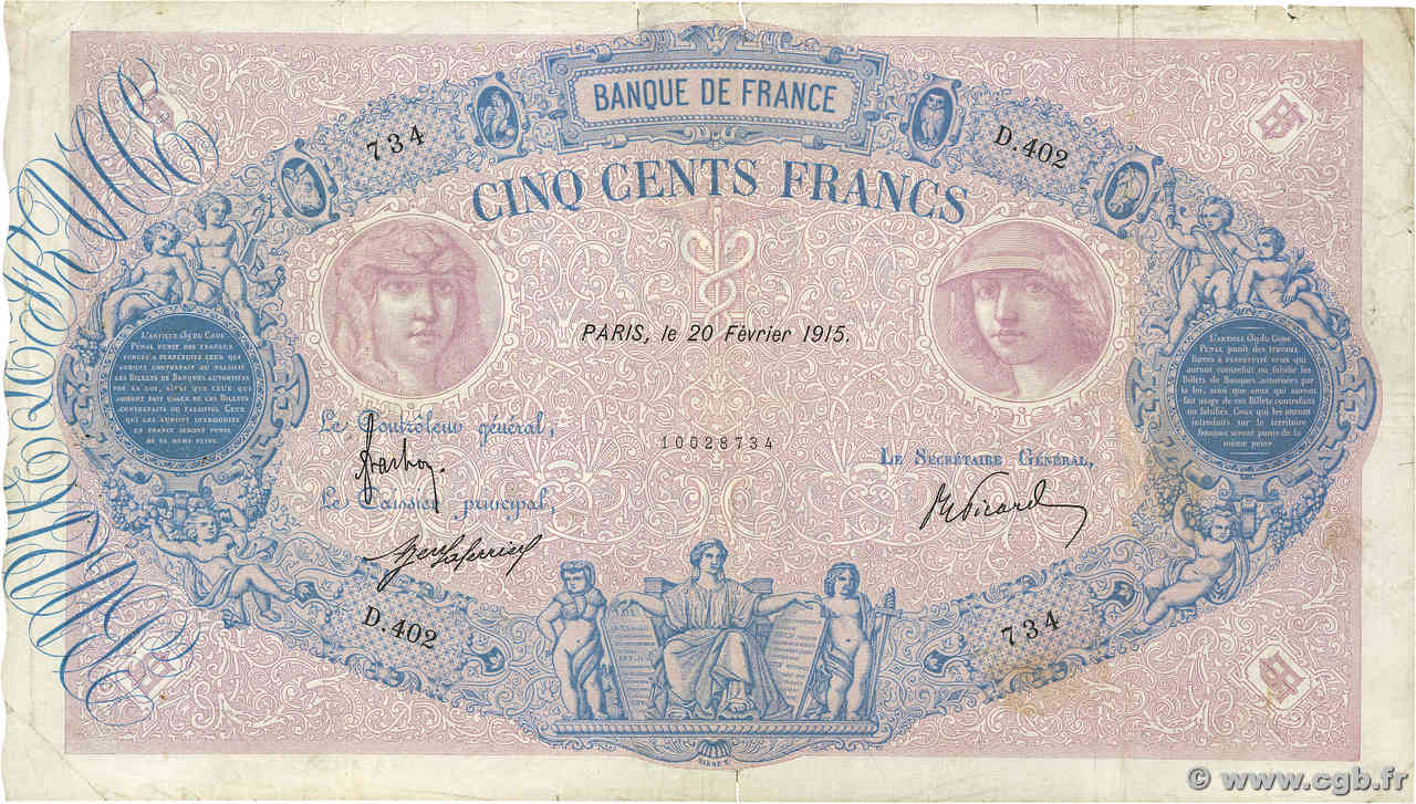 500 Francs BLEU ET ROSE FRANCE  1915 F.30.22a F+