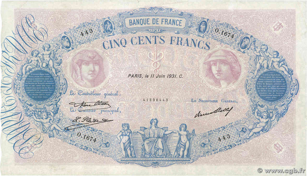 500 Francs BLEU ET ROSE FRANCE  1931 F.30.34 VF+