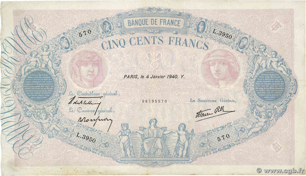 500 Francs BLEU ET ROSE modifié FRANCIA  1940 F.31.55 BB