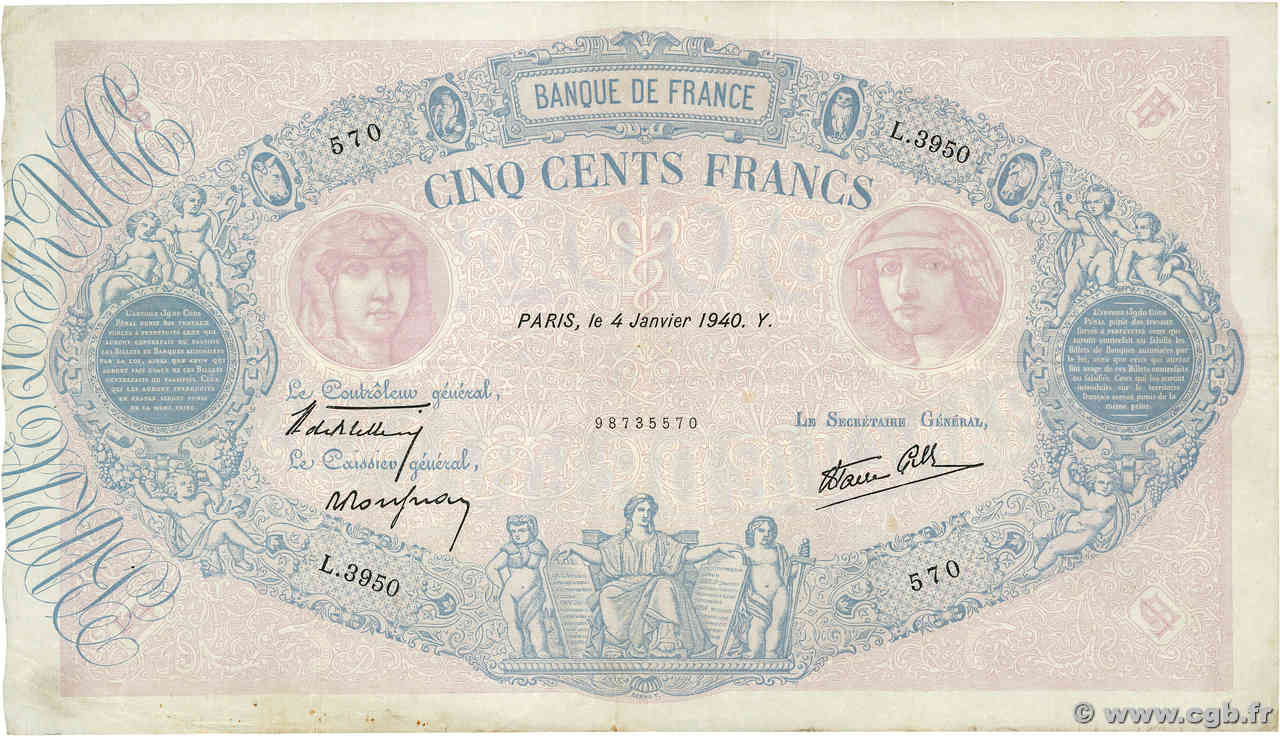 500 Francs BLEU ET ROSE modifié FRANCE  1940 F.31.55 TTB