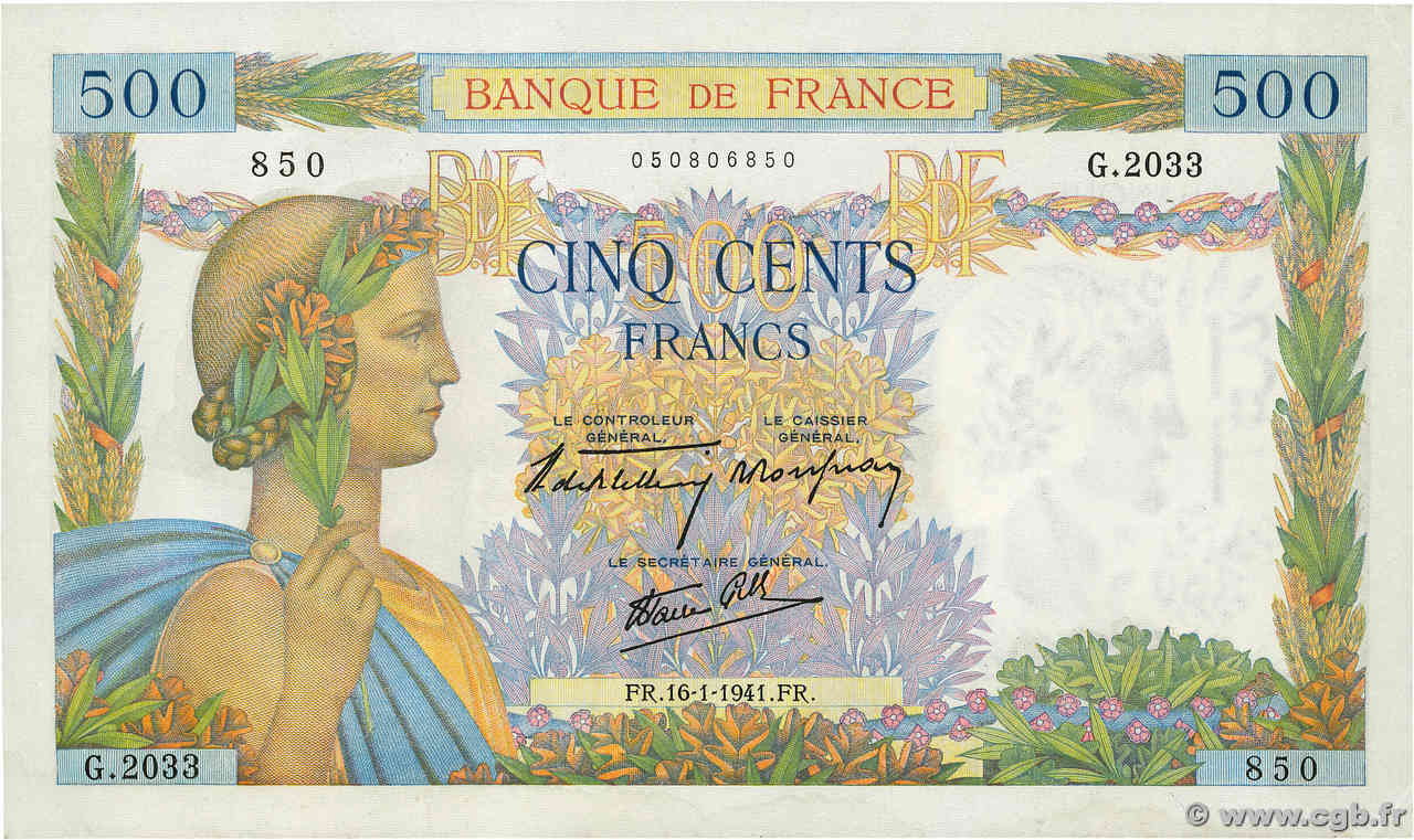 500 Francs LA PAIX FRANCIA  1941 F.32.13 AU+