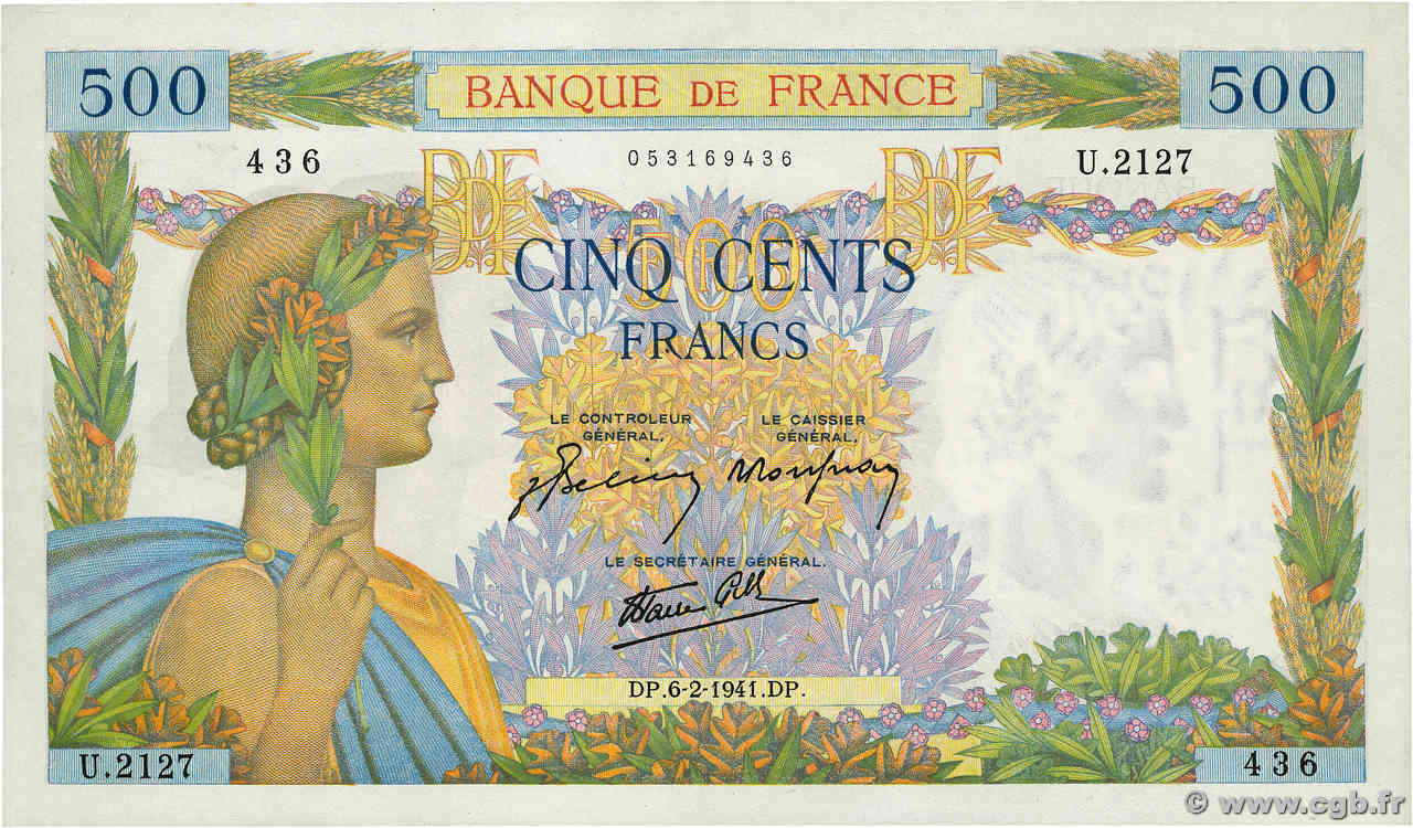 500 Francs LA PAIX FRANCIA  1941 F.32.14 SC+