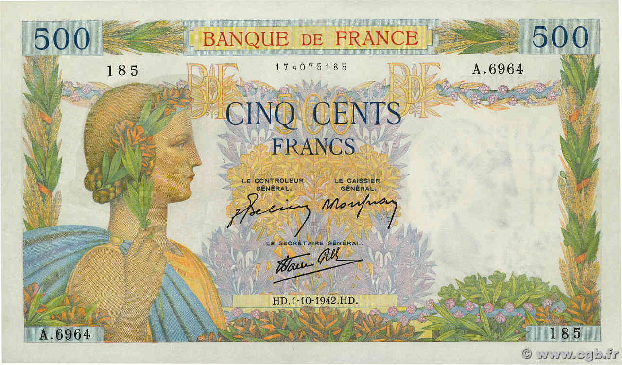 500 Francs LA PAIX FRANCE  1942 F.32.41 pr.NEUF