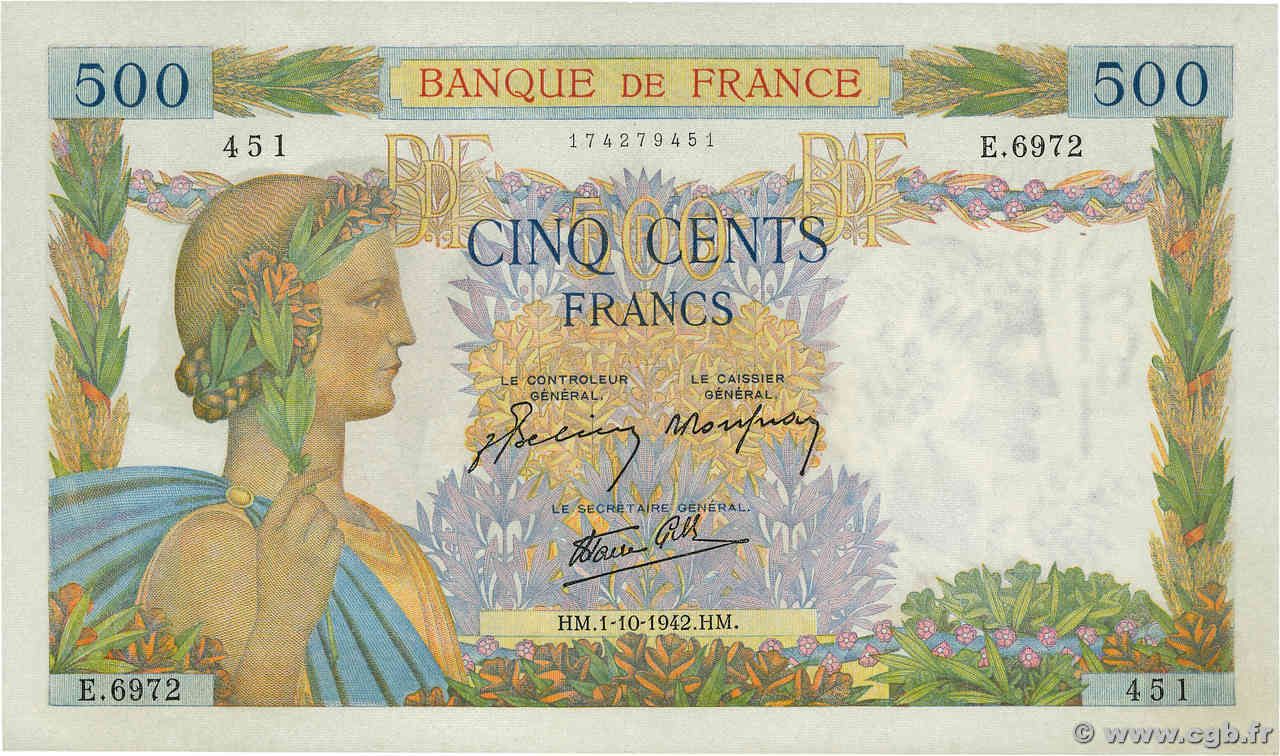 500 Francs LA PAIX FRANCIA  1942 F.32.41 q.FDC