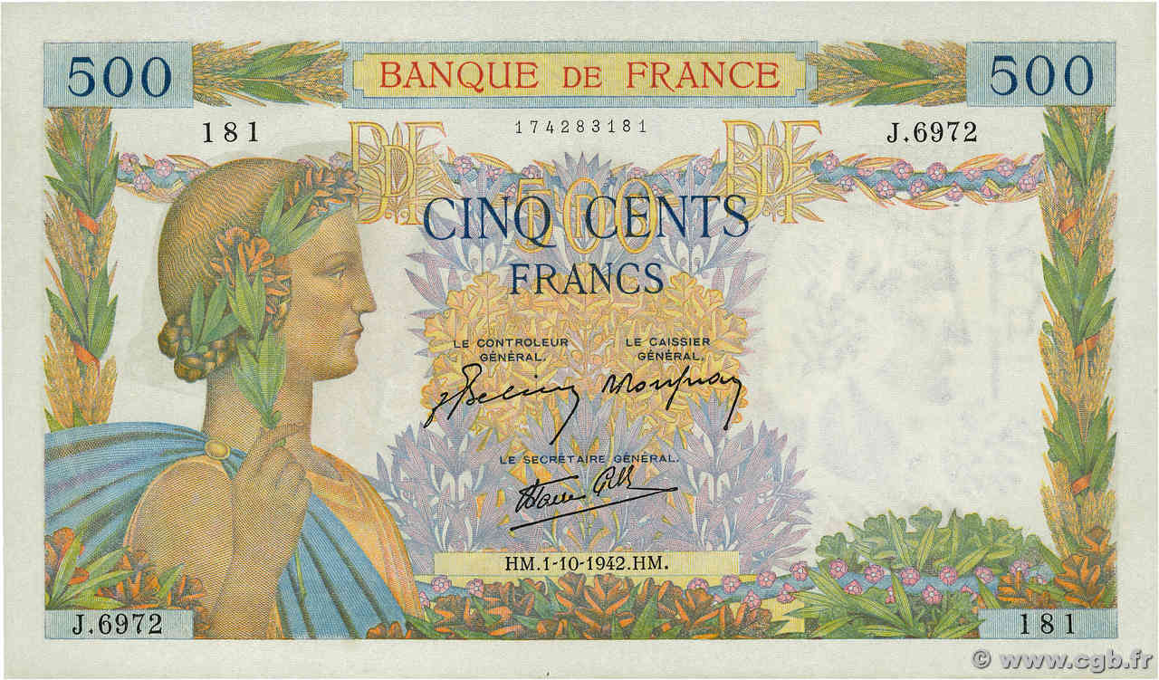 500 Francs LA PAIX FRANCE  1942 F.32.41 UNC-