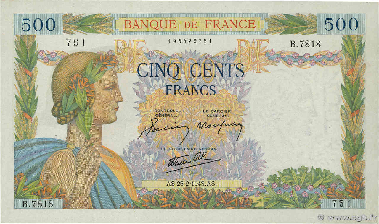 500 Francs LA PAIX FRANCIA  1943 F.32.45 MBC+