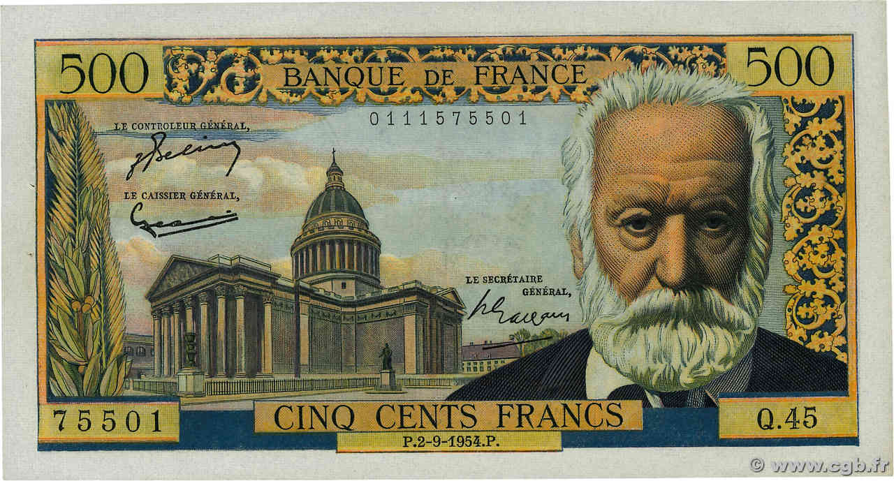 500 Francs VICTOR HUGO FRANKREICH  1954 F.35.03 fST