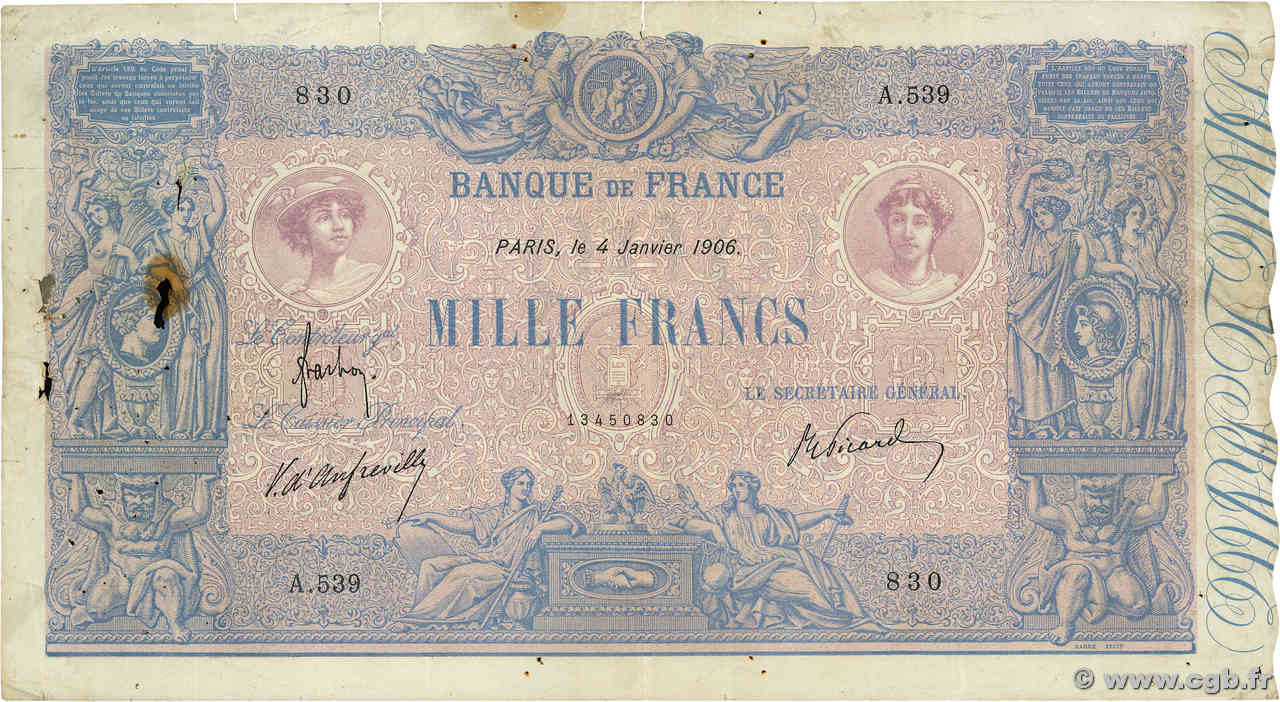 1000 Francs BLEU ET ROSE FRANCIA  1906 F.36.20 q.MB