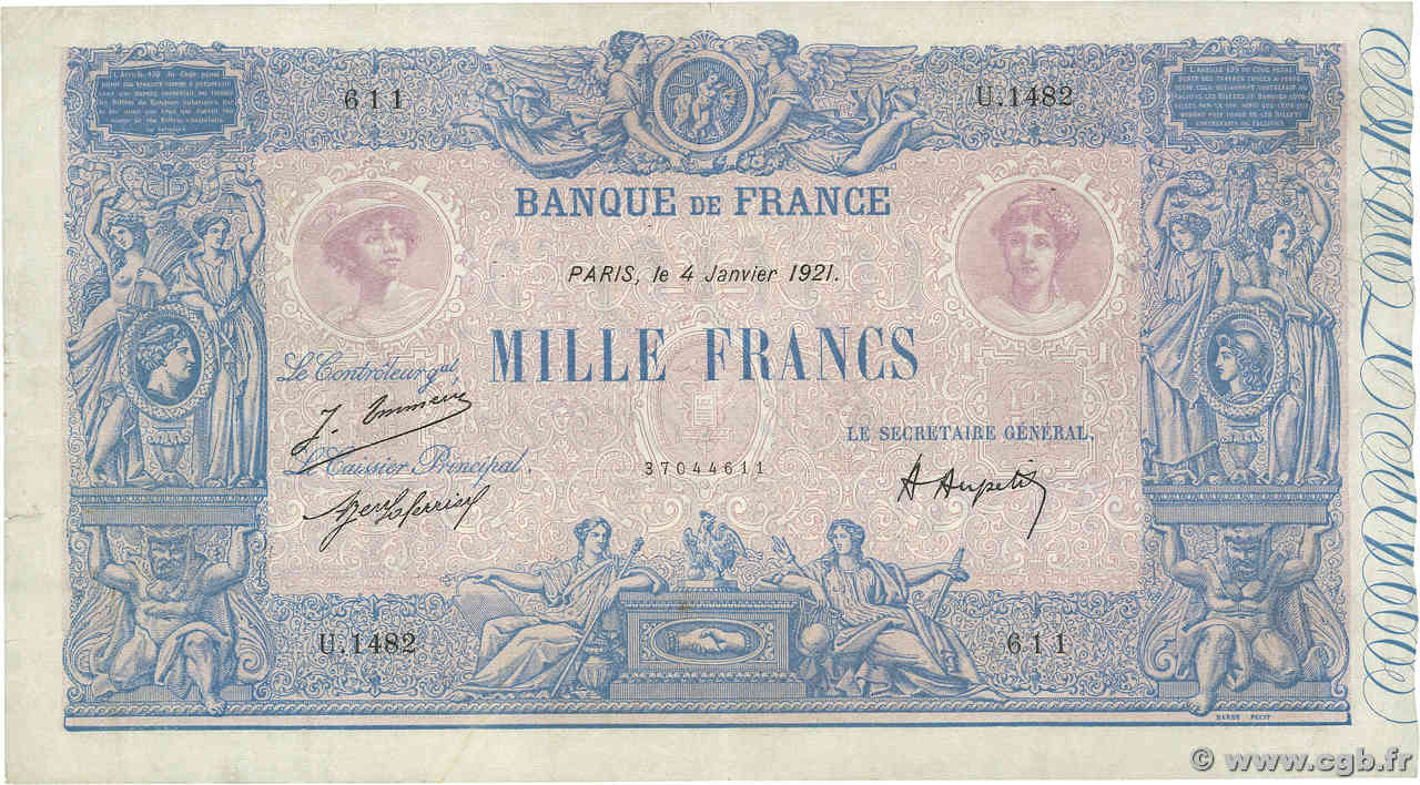 1000 Francs BLEU ET ROSE FRANKREICH  1921 F.36.37 fSS
