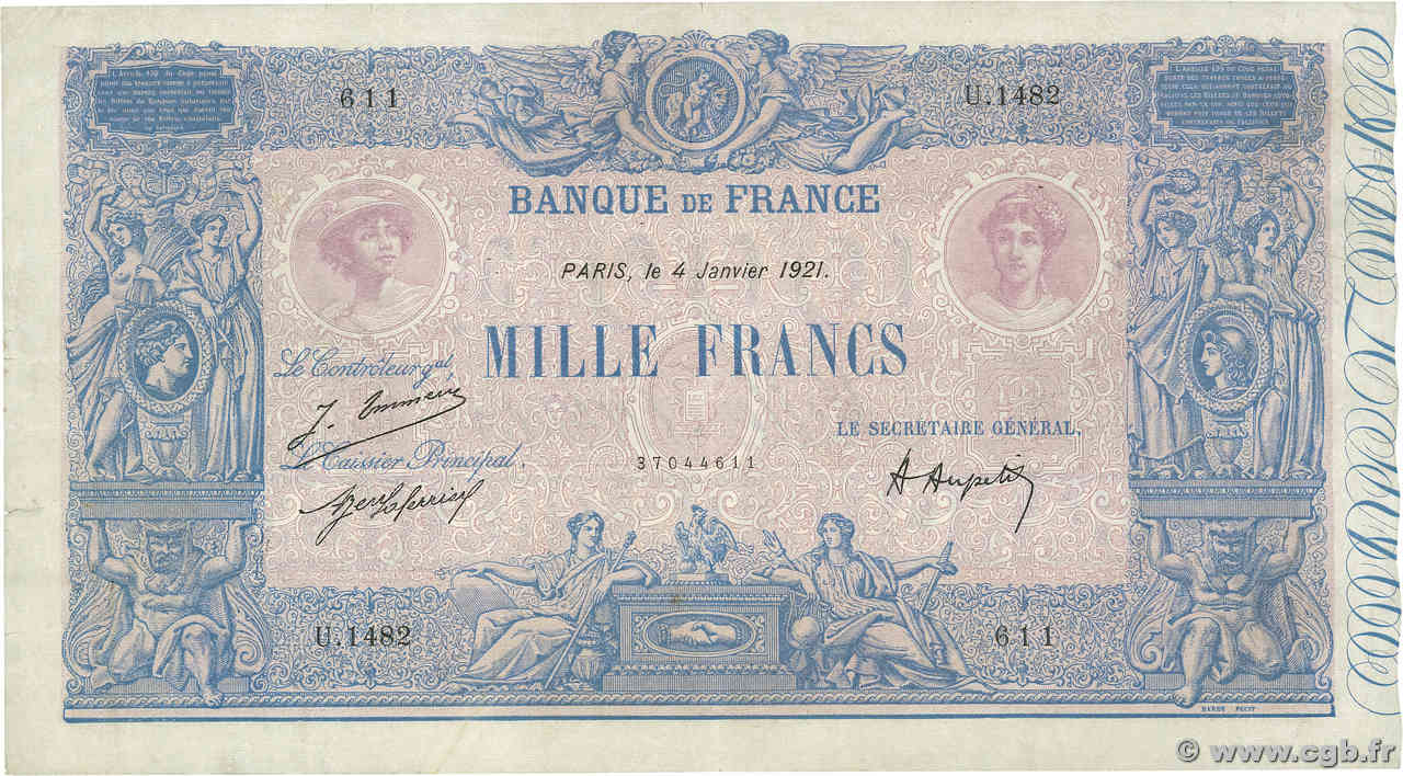 1000 Francs BLEU ET ROSE FRANCE  1921 F.36.37 TB+