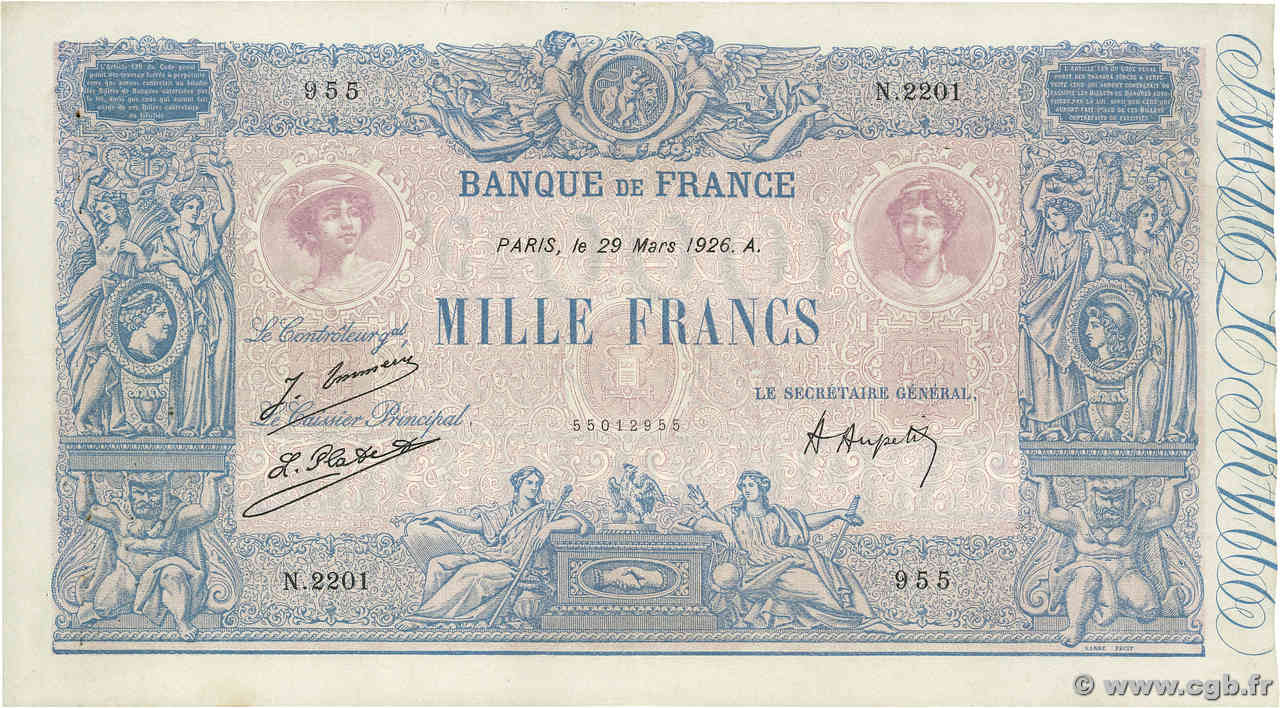 1000 Francs BLEU ET ROSE FRANCE  1926 F.36.42 VF-