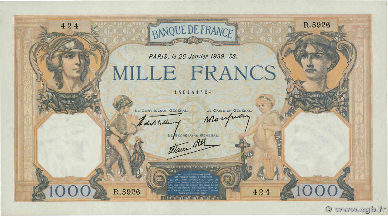 1000 Francs CÉRÈS ET MERCURE type modifié FRANKREICH  1939 F.38.33 VZ